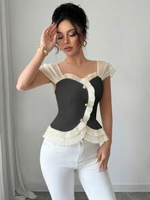 Selianne Áo cánh thời trang thiết kế nút xếp nếp chắp vá màu tương phản dành cho nữ - Đen và trắng - Xem 6