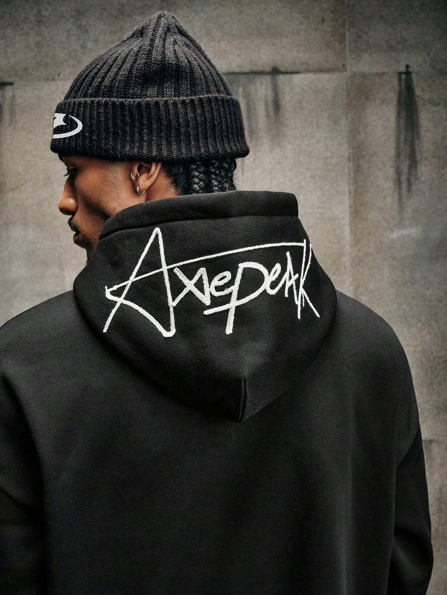 AXEPEAK 男士休閒黑色字母刺繡寬鬆連帽衛衣,秋季復古Y2K寬大街頭風,適合度假 - 黑色 - 查看 1