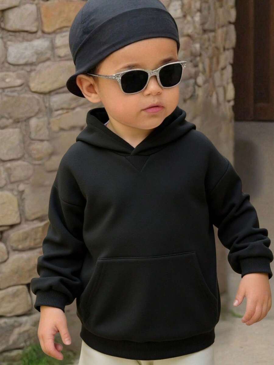 Jungen Grau einfarbiger Sweatshirt mit kleiner Tasche, Regular Fit Lässig Alltagskleidung, geeignet für Herbst/Winter - Schwarz - Übersicht 1