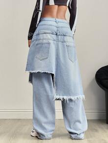 SHEIN Tall 女式宽松破洞口袋休闲牛仔裤 - 淺色水洗藍 - 查看 2