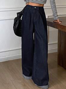 DAZY Women's Autumn Fold Pleated Solid Color Pocket Wide Leg Casual Jeans