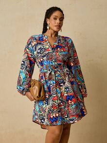SHEIN VCAY Plus Size Women African Geometric Print Shirt Dress, Tie Waist Short Dress