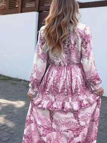 INAWLY 女士时尚休闲浪漫度假花卉印花性感V领连衣裙 - 紫色 - 查看 3