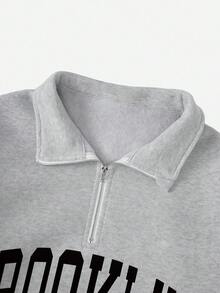 SHEIN 少女休闲复古布鲁克林纽约印花拉链卫衣，舒适百搭，适合秋冬季穿着，户外野餐、街头摄影、校园、街头风，也适合上学、购物、运动等场合。 - 灰色 - 查看 4