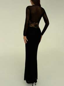 Aloruh Black Sexy Deep V Lace Mesh Splice Ruched Dress For Women,Party Dresses For Women,Dresses For Women Elegant,New Year Dress ,Elegant Party Dresses - Black - View 2