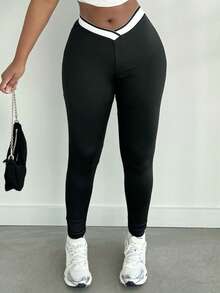 Alexandranx Black And White Contrast Color Patchwork Casual Deep V Waistline Women's Leggings - Black and White - View 4