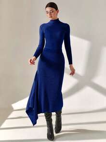 EURMUSE Smart Office Chic Asymmetrical Cut Midi Length Knitted Skirt - Royal Blue - View 4