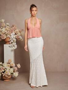 L'Amorae Áo hở lưng mùa hè họa tiết lưới màu hồng pastel, dây buộc, chi tiết mỏng - Hồng - Xem 5