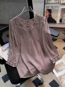 Franclia 女式休闲优雅百搭纯色V领蕾丝边袖口衬衫 - 淺灰紫 - 查看 2