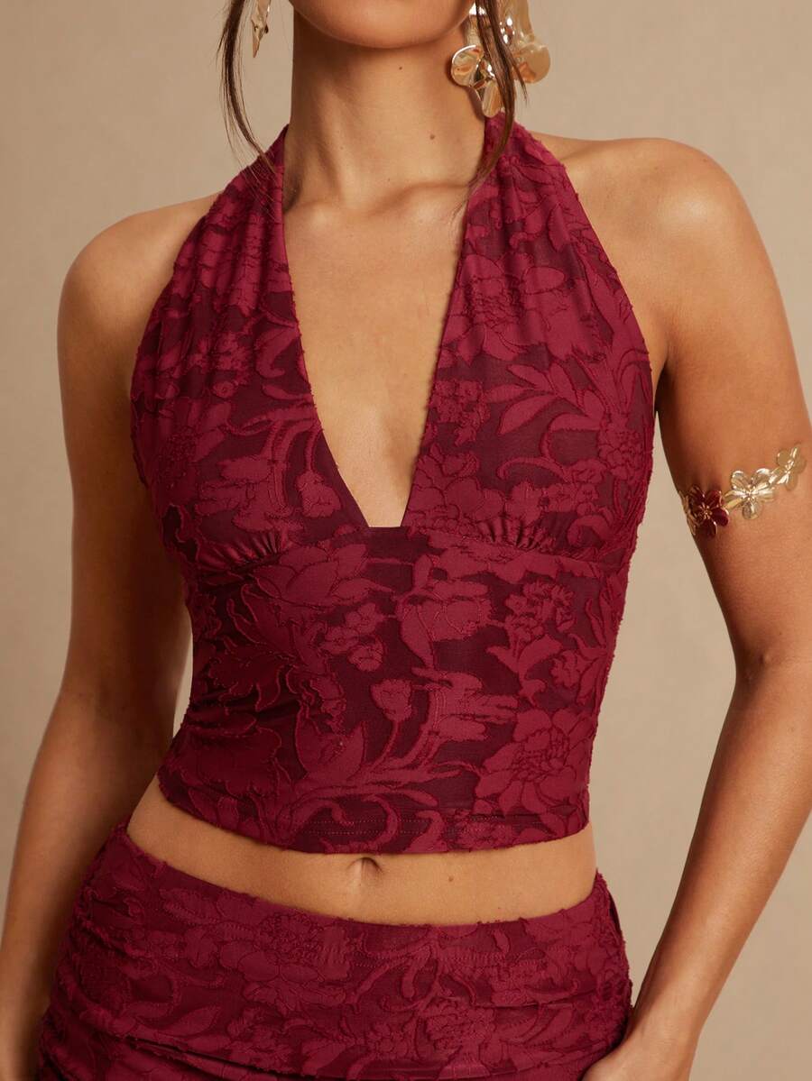 Silquee Women's Floral Textured Lace-Up Backless Camisole,Elegant Burgundy Top,Summer Vacation Party Shirt For ,Nightclub,Wedding,Halloween,Red - Burgundy - View 1