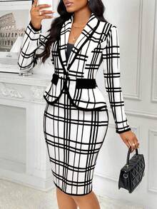 SHEIN Lady Plaid Print Suit And Skirt Women's Two Pieces Set Women's Minimalist Blazer And Skirt Set, Suitable For Summer In Fall/Winter Women S Suit Set