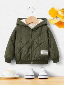 SHEIN 男婴字母贴片细节毛绒内衬拉链连帽绗缝外套男婴夹克冬季 - 軍綠色 - 查看 4