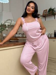 SHEIN Plus Size Women Pink Lace Camisole Pajama Set Co Ord Set Women - Pink - View 6