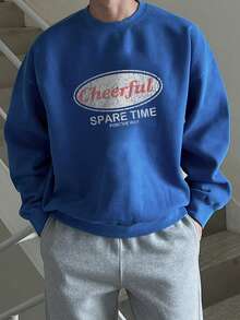 DAZY Men's Letter Print Round Neck Boxy Short Sweatshirt, Autumn/Winter - Royal Blue - View 5