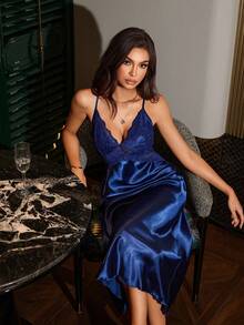 SilkySpell Women's Backless Lace Trim Faux Silk Camisole Nightgown Lingerie Gown Blue Lingerie Dress Spaghetti Strap Night Gown Lace Night Gown - Navy Blue - View 2