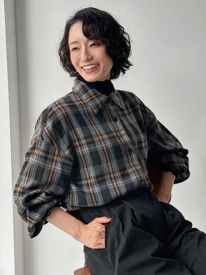 FRIFUL レディース チェック柄 ラペル ドロップショルダー 長袖 ルーズ カジュアル 多用途シャツ、秋冬