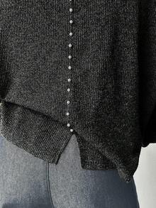 FRIFUL 女士纯色圆领落肩长袖T恤，背面饰有砖块图案，侧边开衩下摆，宽松休闲百搭，适合秋冬季穿着。 - 黑色 - 查看 6