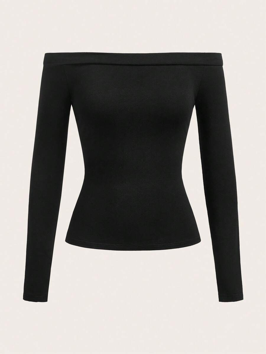SHEIN BASICS Women's Casual Sports Yoga Fitness Tight Fitting Black Off-Shoulder Long Sleeve Compression T-Shirt Long Sleeve Black Top Off The Shoulder Long Sleeve Sexy Black Tops Boat Neck Top Black Off The Shoulder Top - Black - View 1