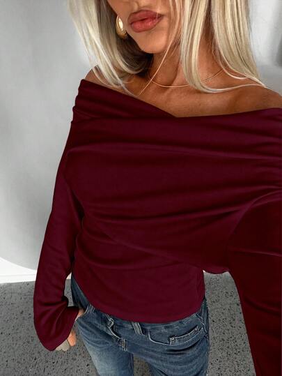 Plus Size Women Casual Elegant Off-Shoulder Fitted Long Sleeve T-Shirt, Suitable For Autumn/Winter, New Year, Valentine's Day