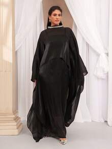 VOLUPTÉ CURVE Plus Size Spring New Elegant Luxurious Dress, Exquisite Black Satin Chiffon Material, High Collar, Jewel Decor, Batwing Sleeve, Loose Silhouette, Flowing Long Dress, Suitable For Party, Banquet - Black - View 4