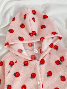 Girls' Cute Sweet Strawberry Print Hooded Fleece Robe, Elegant Ruffle Hem Long Sleeve Bathrobe Loungewear, Autumn/Winter - Pink - View 6