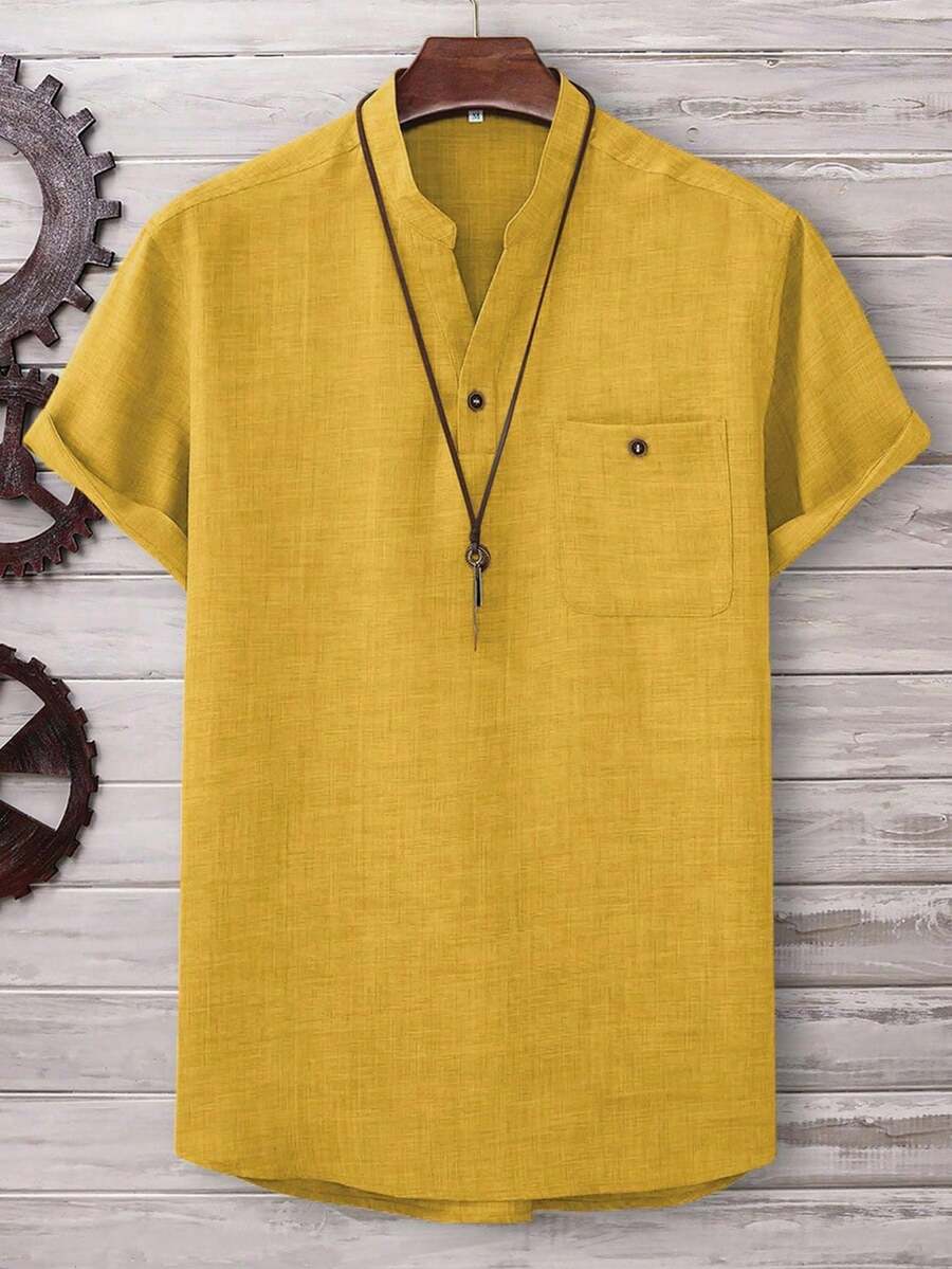 Manfinity Homme Loose Fit Men's Patched Pocket Notched Neckline Shirt, Without Necklace - Yellow - View 1