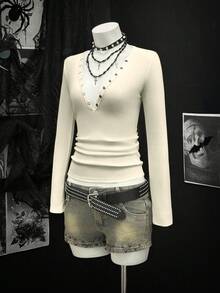 EgrlEra 女式深V领性感罗纹T恤，黑色，秋冬 - 杏色 - 查看 5