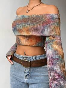 Jeanoix Women's Full Print Cropped Sexy Fashionable Long Sleeve Shoulder Top - Multicolor - View 1