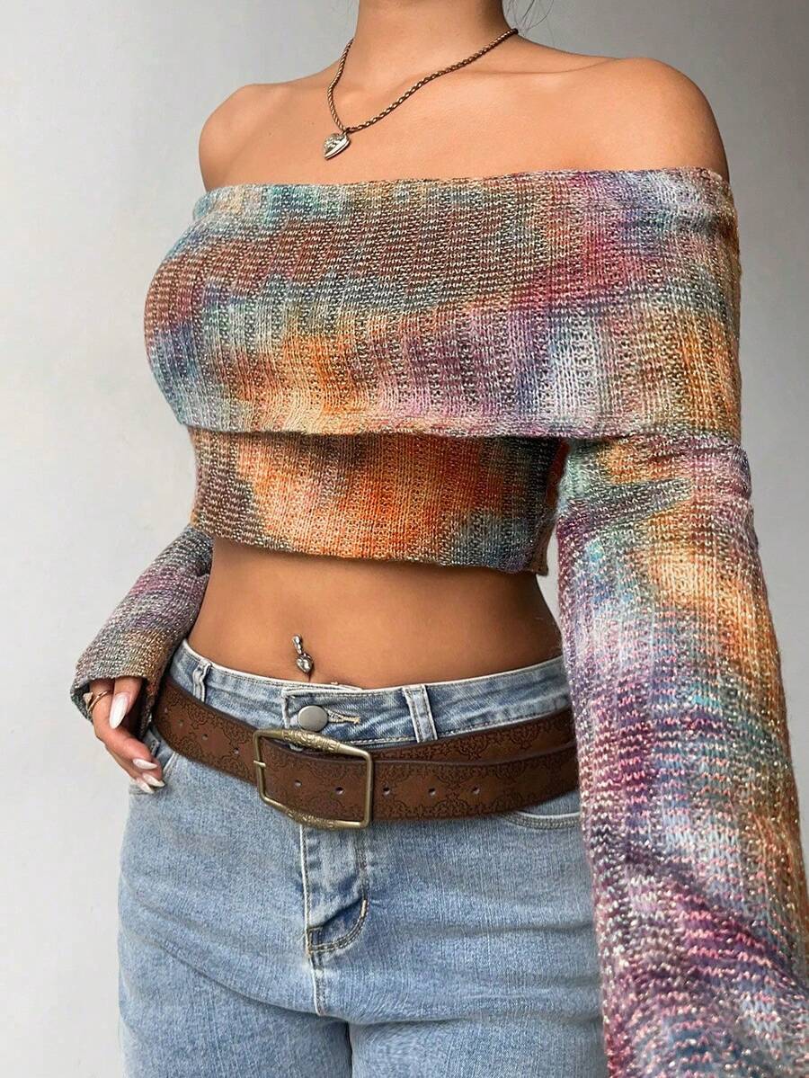 Jeanoix Women's Full Print Cropped Sexy Fashionable Long Sleeve Shoulder Top - Multicolor - View 1