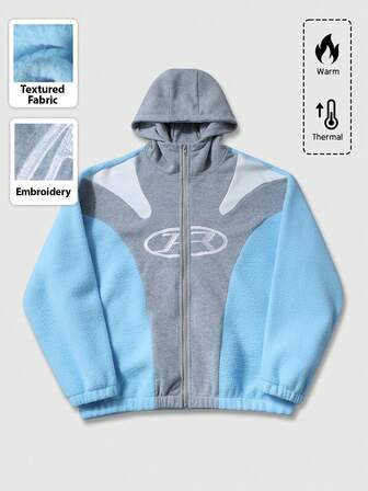 Street Life Unisex Graphic Print Hoodie Jacket With Fleece Lining, Patchwork Design, Suitable For Autumn/Winter