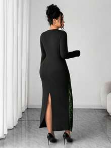 Elenzga Elegant Colorblock Twist Knot Bodycon Dress, Black & Green Patchwork, Metal Buckle Decor, Party Dress For Women, Spring/Autumn/Winter - Multicolor - View 2
