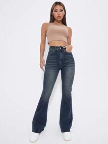 SHEIN ICON Jeans de pierna acampanada de cintura alta en azul denim lavado - Azul lavado oscuro - Ver 6