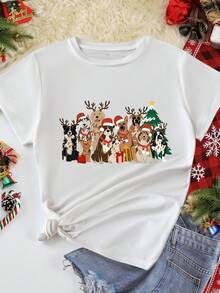 EMERY ROSE Plus Size Christmas Cartoon Dog Print Round Neck Short Sleeve T-Shirt Graphic Tees Women Tops - White - View 3