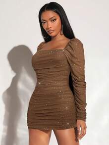 SHEIN SXY Plus Size Women Square Neck Ruffle Trim Contrast Color Long Sleeve Mesh Bodycon Dress, Autumn - Coffee Brown - View 5