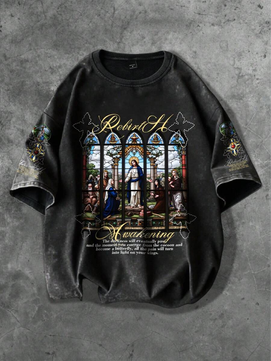 GENIUS ODE 大码男士休闲时尚街头耶稣标语印花落肩宽松水洗 T 恤，夏季 - 黑色 - 查看 1