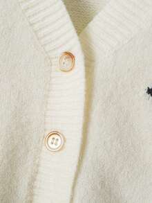 SHEIN Girls & Teens' Jacquard Knit Cardigan, V-Neck Button Contrast Color Long Sleeve, Apricot Cartoon Face & Letter Jacquard Pattern, Casual Loose Street Style Knitted Outerwear Cute Cardigan Children Cardigan Button Up Sweater Tween Sweater Kids Clothes - Beige - View 5