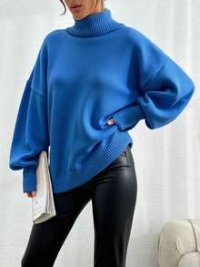 EURMUSE Women's Solid Color Drop Shoulder Long Sleeve High Neck Floral Mesh Sweater, Autumn/Winter - Baby Blue - View 4