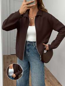 SHEIN Women Polo Neck Zipped Pocket Cardigan - Brown - View 6