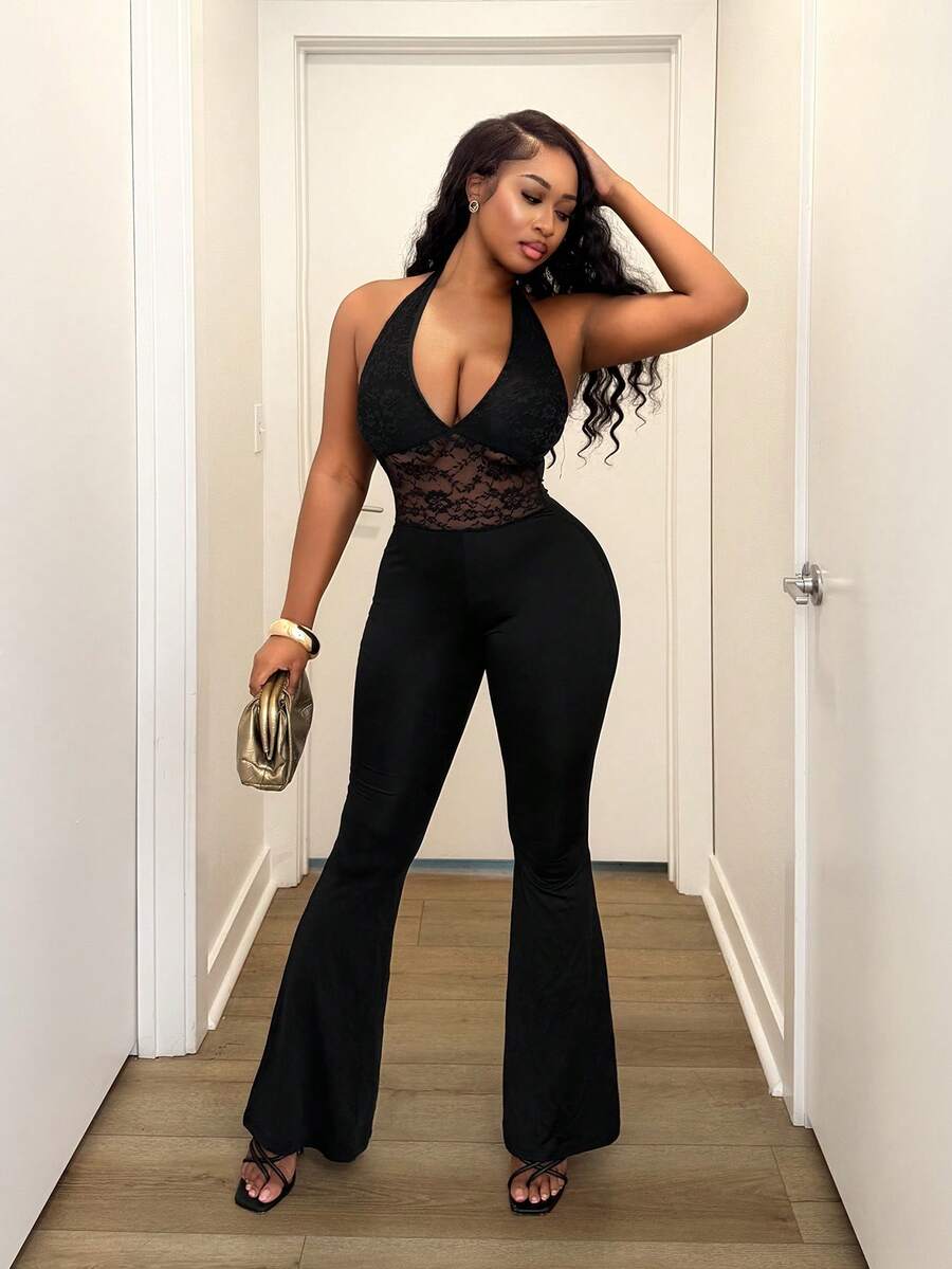 SHEIN BamGlam 女式时尚性感蕾丝拼布露背吊带连体裤 - 黑色 - 查看 1