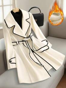 Franclia 女士优雅羊毛大衣，翻领设计，长袖，配腰带，适合秋冬季穿着。 - 白色 - 查看 1