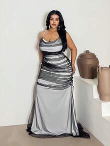 Maweii Plus Size Women Fashion Mesh Patchwork Slip Dress - Black and White - View 4