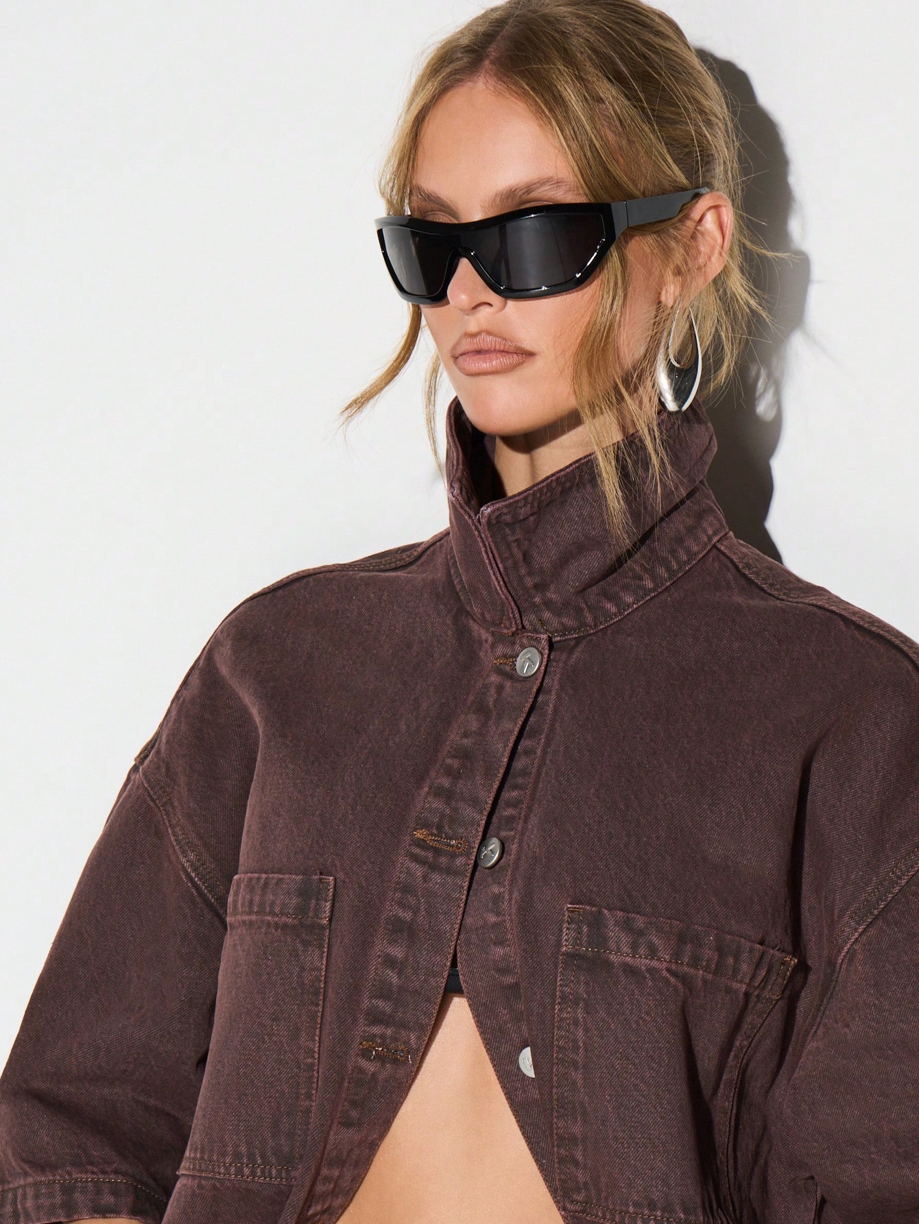 KIZN Camicia oversize in denim marrone con bottoni