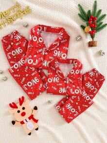 2 Stücke Mädchen Weihnachts Herz & Polka Punkt Muster Satin Pyjama Set, schwer entflammbar, Langarm Oberteil und Hose, elegante rote Serie - Rot - Übersicht 1