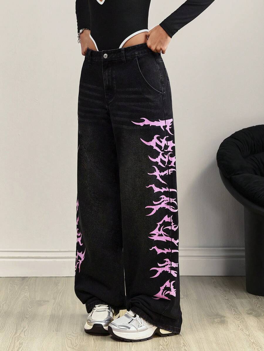 SHEIN Tall Fashionable Casual Low Waist Printed Wide Leg Straight Jeans - Black - View 1