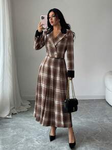 Selianne Bộ vest thời trang công sở vải tuýt kẻ caro xếp ly thanh lịch dành cho nữ, Thu/Đông - Cà phê nâu - Xem 2