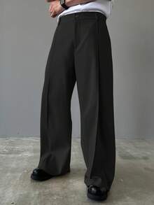 Manfinity Homme Men's Casual Versatile Commuting Solid Color Wide Leg Pants, Fall - Black - View 3