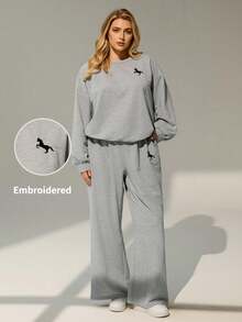 Auralis Ensemble Sweat-shirt-shirt décontracté et pantalon droit à taille cordée, coupe ample, épaule asymétrique, manches longues, Sweat-shirt-shirt et pantalon, ensembles coordonnés printemps/automne pour femmes, ensembles de détente femme 2 pièces, tenue de détente femme, ensemble confortable/costume de sport style collège avec poche brodée/Sweat-shirt-shirt deux pièces/vêtements décontractés automne et hiver à manches longues/Sweat-shirt-shirt style collège et pantalon droit - Gris - Voir 8