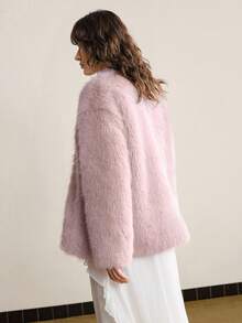 Ontre Manteau en fausse fourrure rose poussiéreux pour femmes, élégant pour les soirées d'hiver, coupe ample et surdimensionnée, sans col, manches longues, poches, style Old Money, tenue de bureau urbaine - Rose bonbon - Voir 5