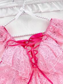 Spicy Aura Plus Size Lace Ruffle Criss-Cross Strap Sexy Lingerie Dress And G-String 2-Piece Set - Pink - View 5