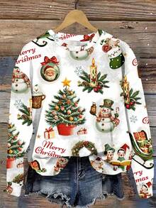 SHEIN LUNE Sudadera holgada de cuello redondo de manga larga con estampado de elementos navideños para mujer talla grande, otoño/invierno